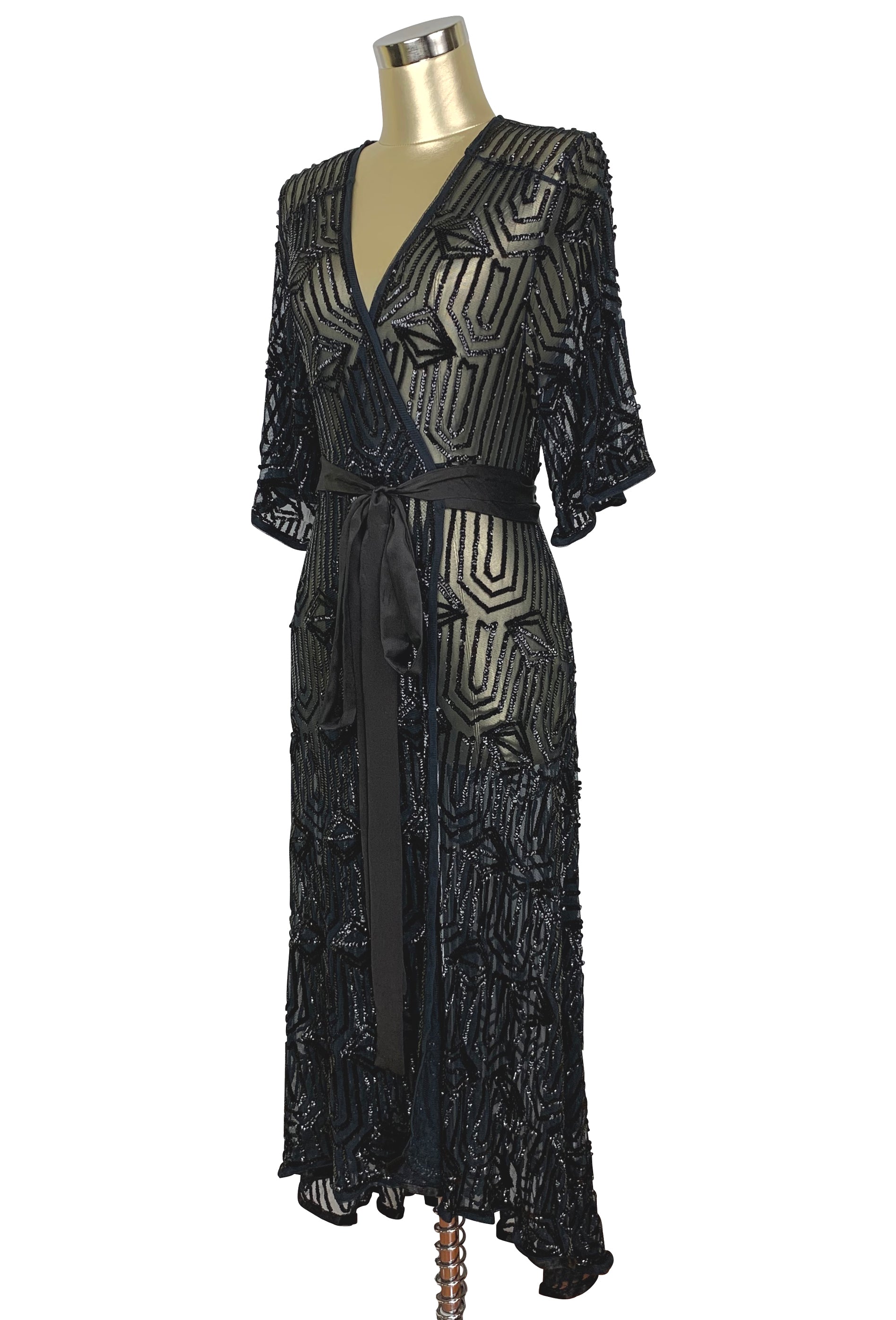 The Femme Fatale 1920s Glamour Vintage Wrap Dress - Kohl - The Deco Haus