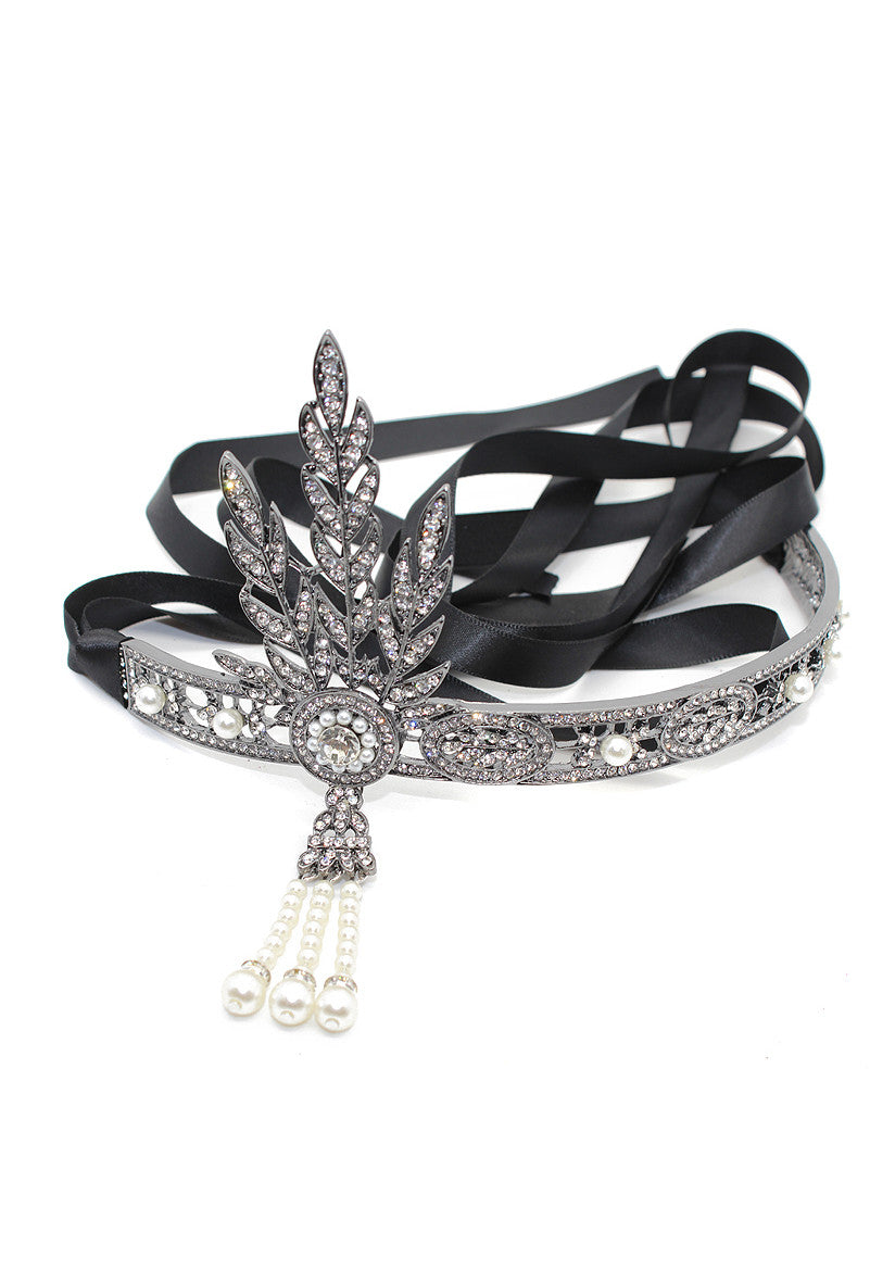 The "Great Gatsby" Flapper Rhinestone Vintage 1920s Daisy Tiara - Hematite Black - The Deco Haus