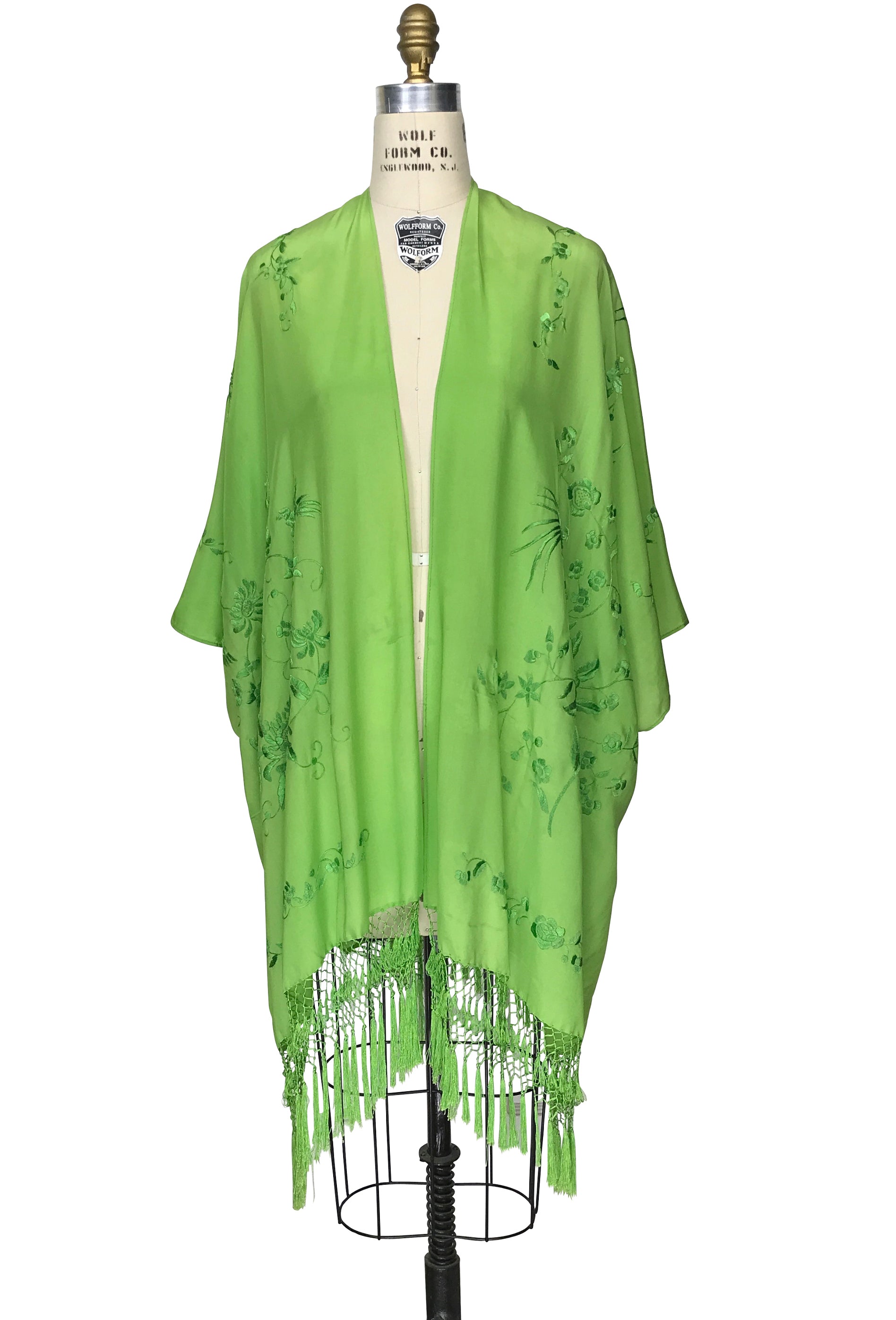 The Madame Butterfly Embroidered Silk Fringe 20s Evening Wrap - French Lime The Deco Haus