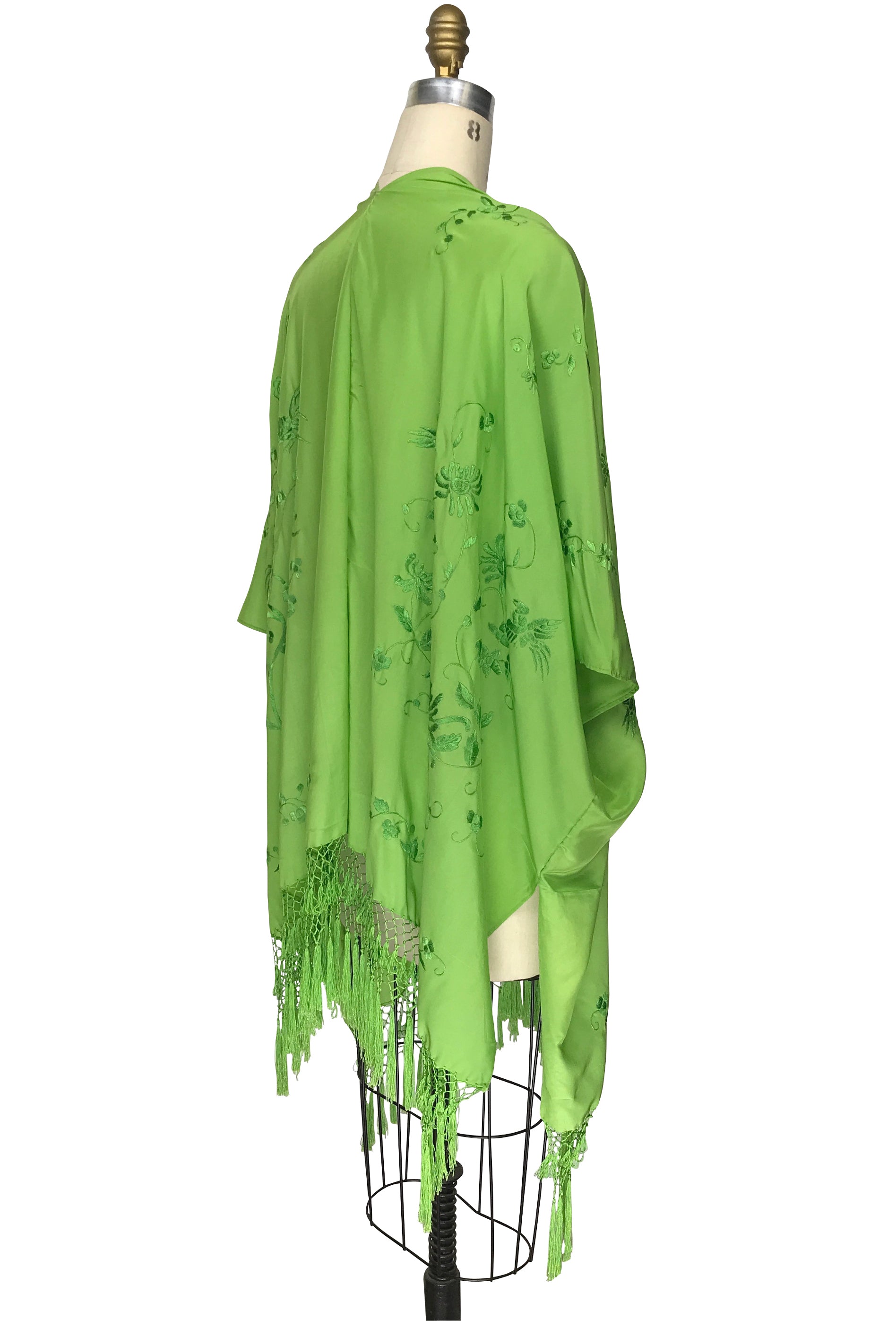 The Madame Butterfly Embroidered Silk Fringe 20s Evening Wrap - French Lime The Deco Haus