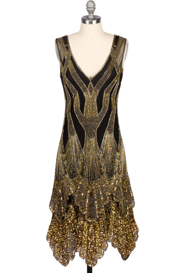 The Paris 1920's Handkerchief Scallop Panel Art Deco Gown - Black Gold - The Deco Haus