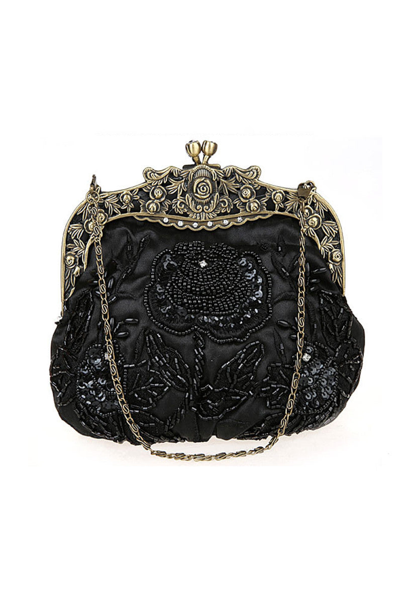 Vintage Victorian Beaded Satin Evening Purse - Black - The Deco Haus