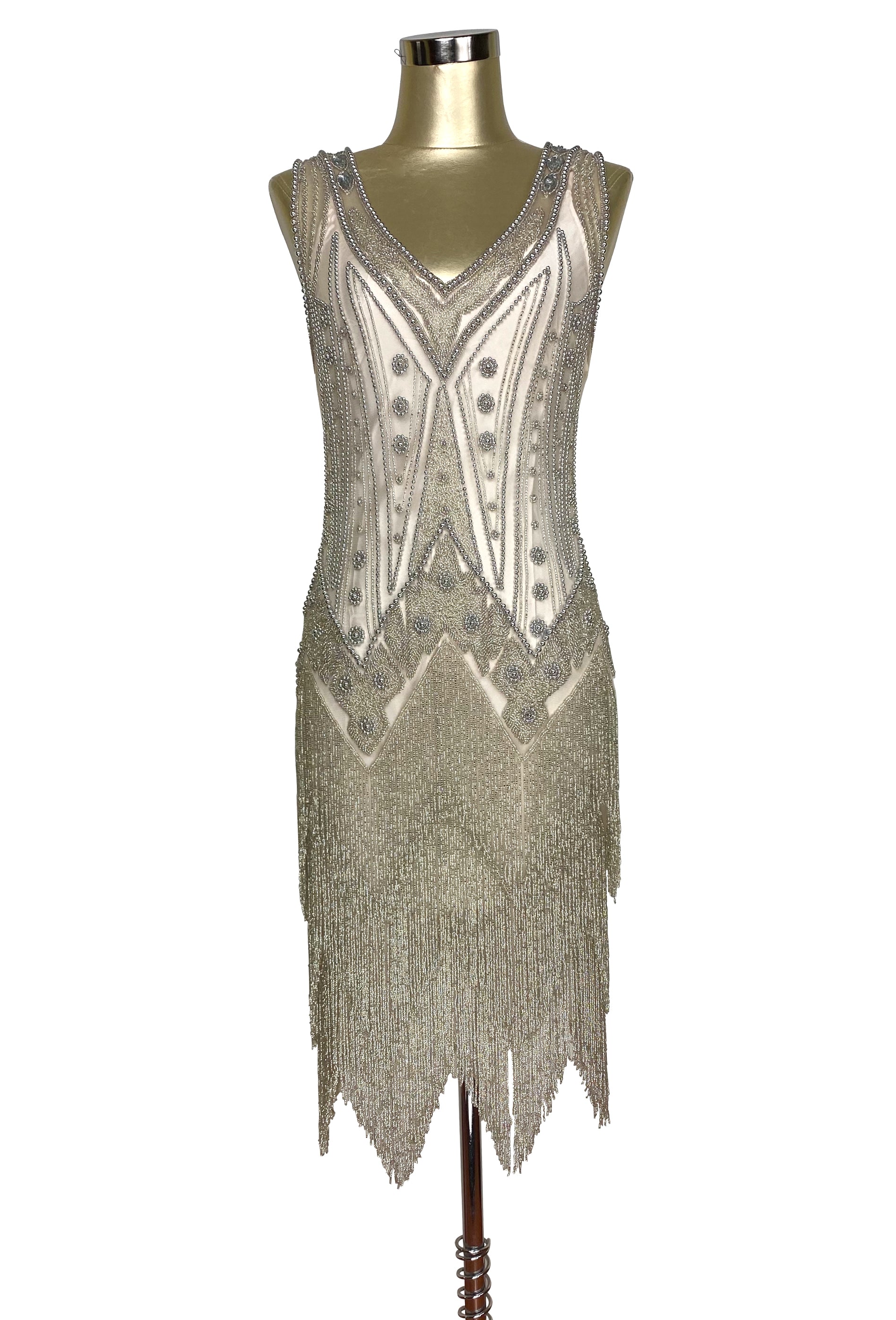 Vintage 1920s Art Deco Beaded Layered Fringe Gown - The De Luxe - Champagne Silver