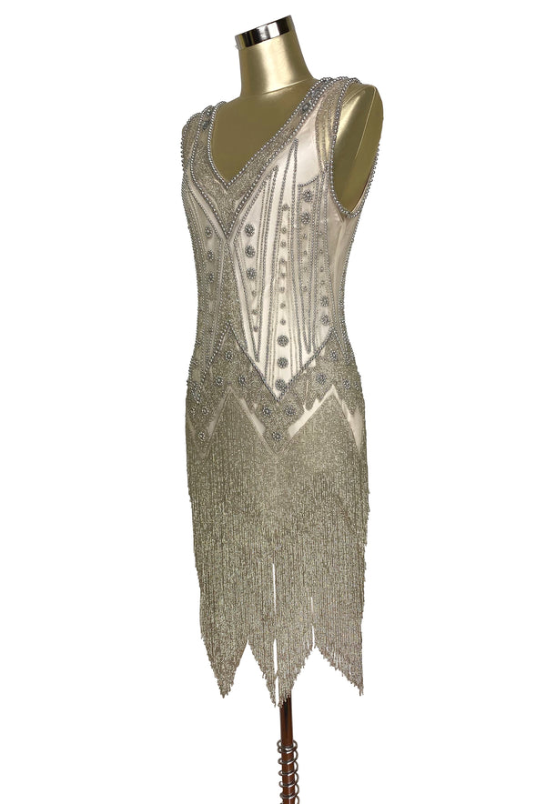 Vintage 1920s Art Deco Beaded Layered Fringe Gown - The De Luxe - Champagne Silver