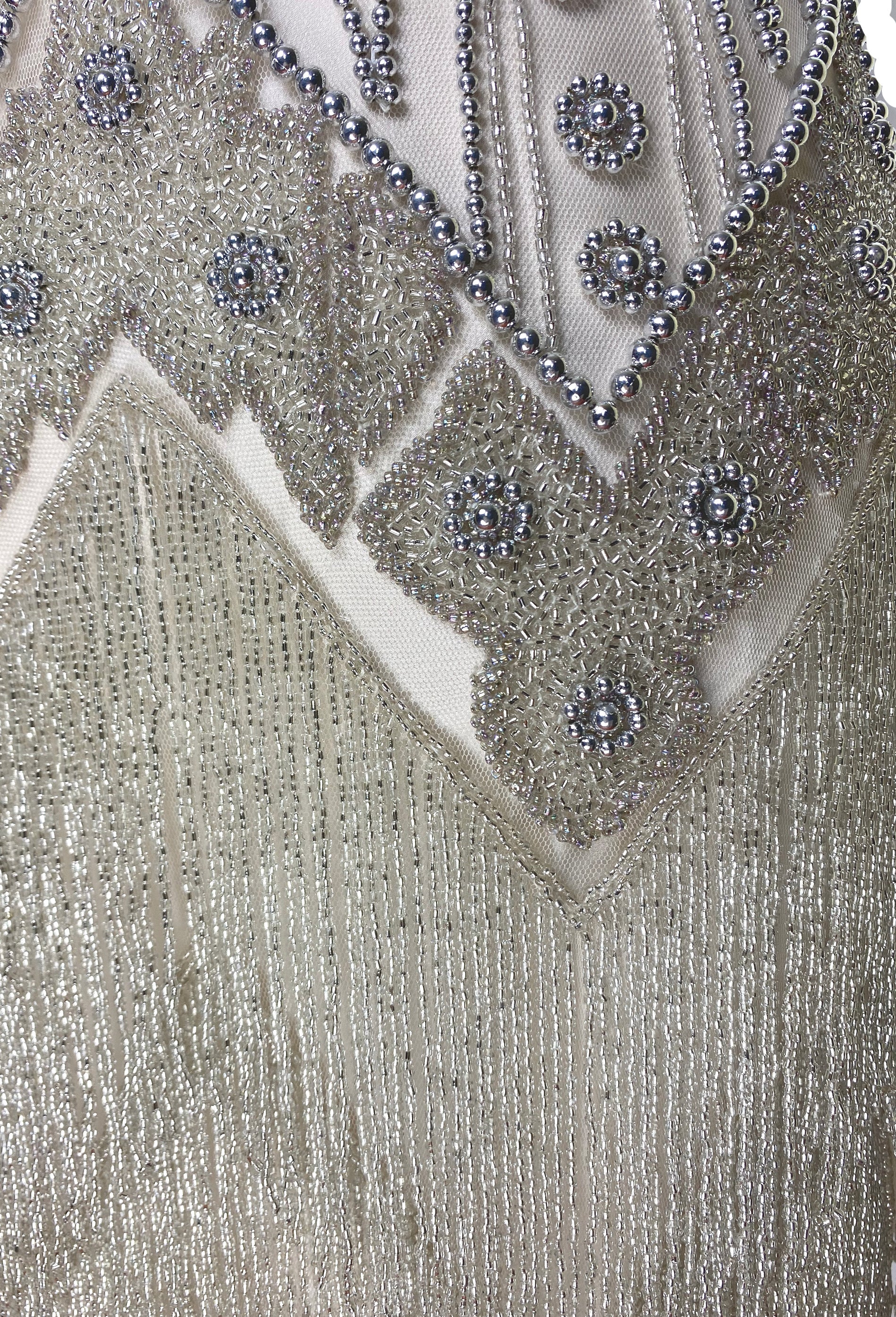 Vintage 1920s Art Deco Beaded Layered Fringe Gown - The De Luxe - Champagne Silver