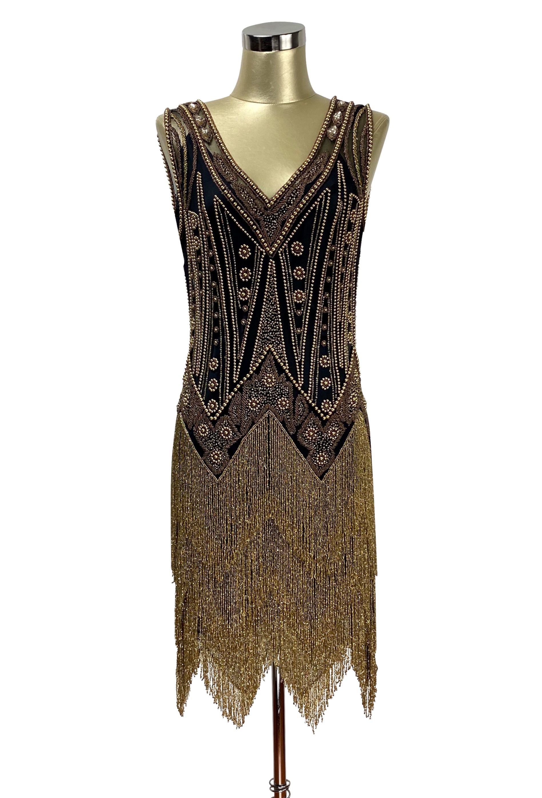 Vintage 1920s Art Deco Beaded Layered Fringe Gown - The De Luxe - Black Gold The Deco Haus