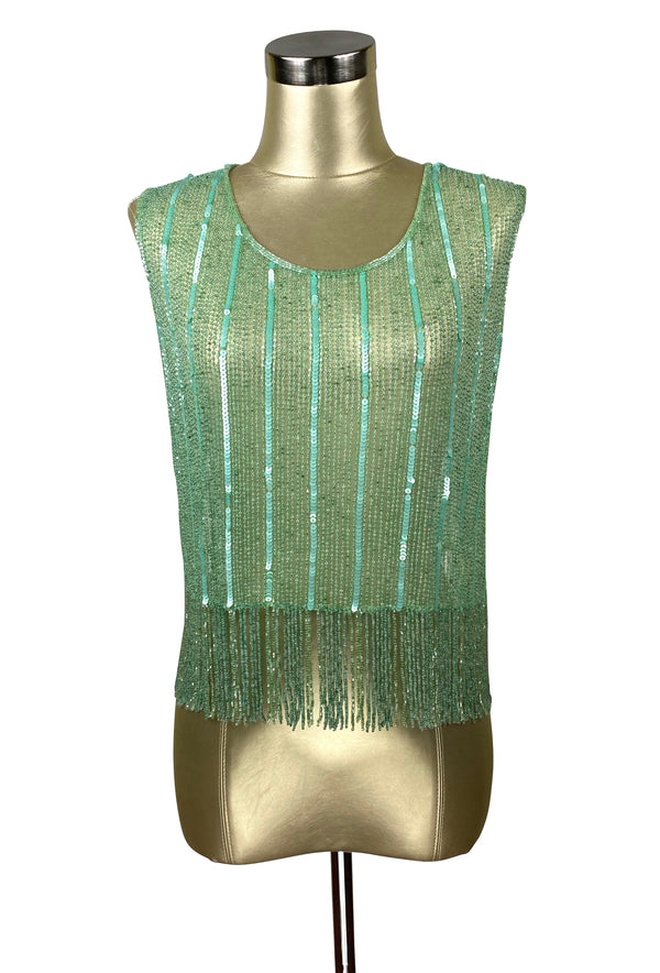 Vintage Luxe Mod Go Go Beaded Fringe Couture Evening Top - Deco Green - The Deco Haus