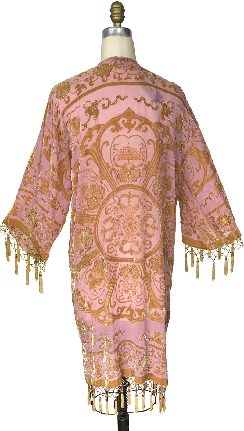 Vintage Silk Velvet 1920's Beaded Fringe Scarf Coat - Renaissance Floral - Blush Pink Gold - The Deco Haus