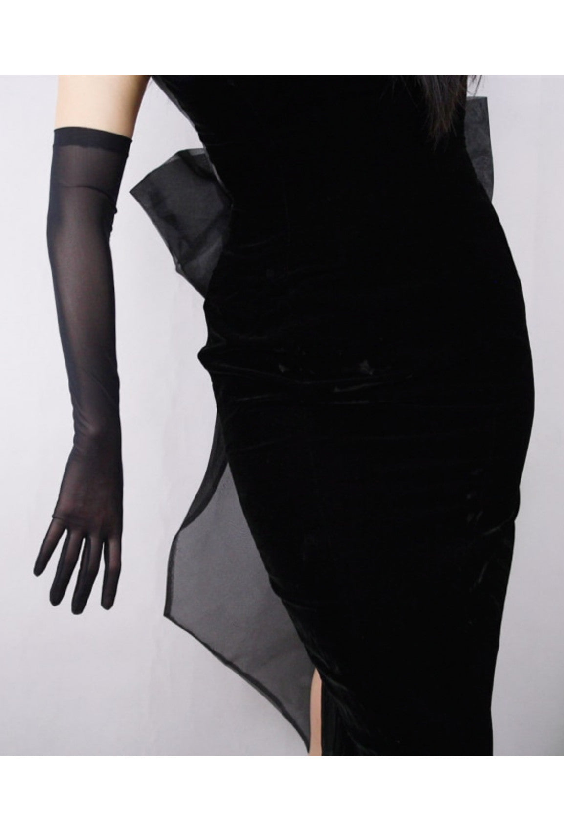 Vintage Style Satin Long Opera Mesh Evening Glove - Ebony Black - The Deco Haus