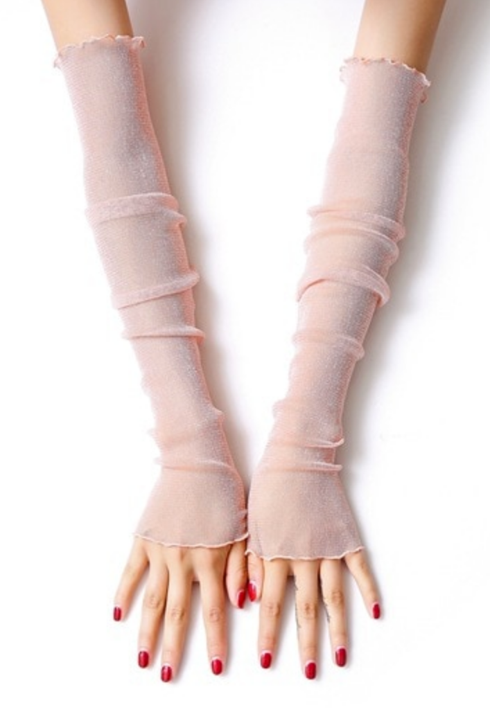 Vintage Style Sheer Glitter Nylon Mesh Fingerless Opera Evening Glove - Rose Pink The Deco Haus
