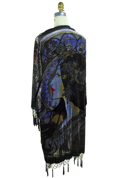 Vintage Velvet Art Nouveau Beaded Fringe Scarf Coat - Mucha Gypsy  Fortuneteller - Black
