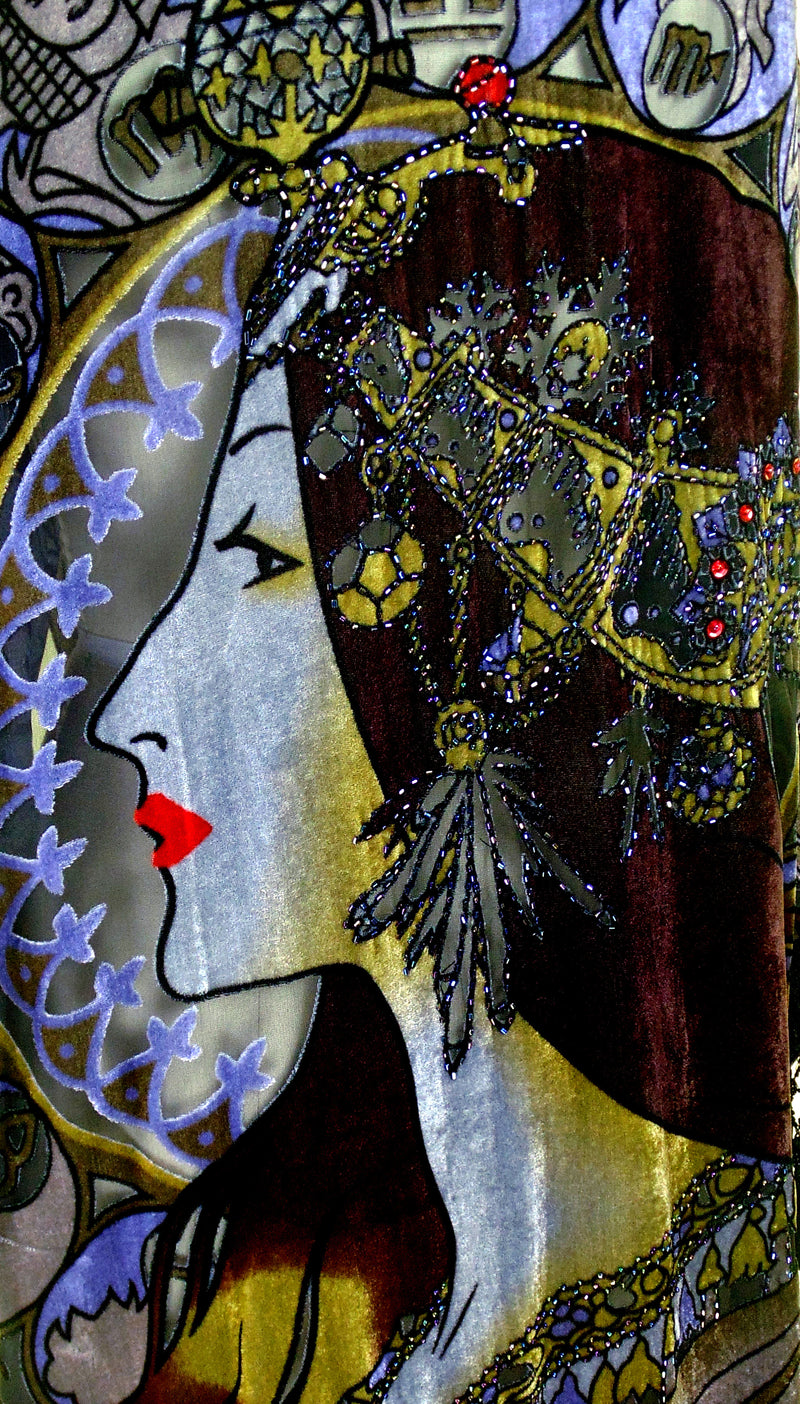Vintage Velvet Art Nouveau Beaded Fringe Scarf Coat - Mucha Gypsy Fortuneteller - Black - The Deco Haus