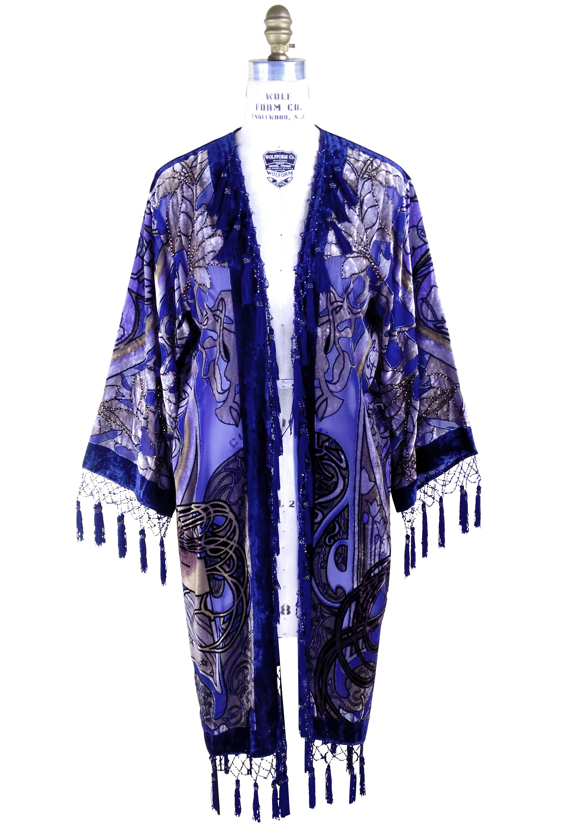 Vintage Velvet Art Nouveau Beaded Fringe Scarf Coat - Mucha Gypsy Fortuneteller - Cobalt Blue - The Deco Haus