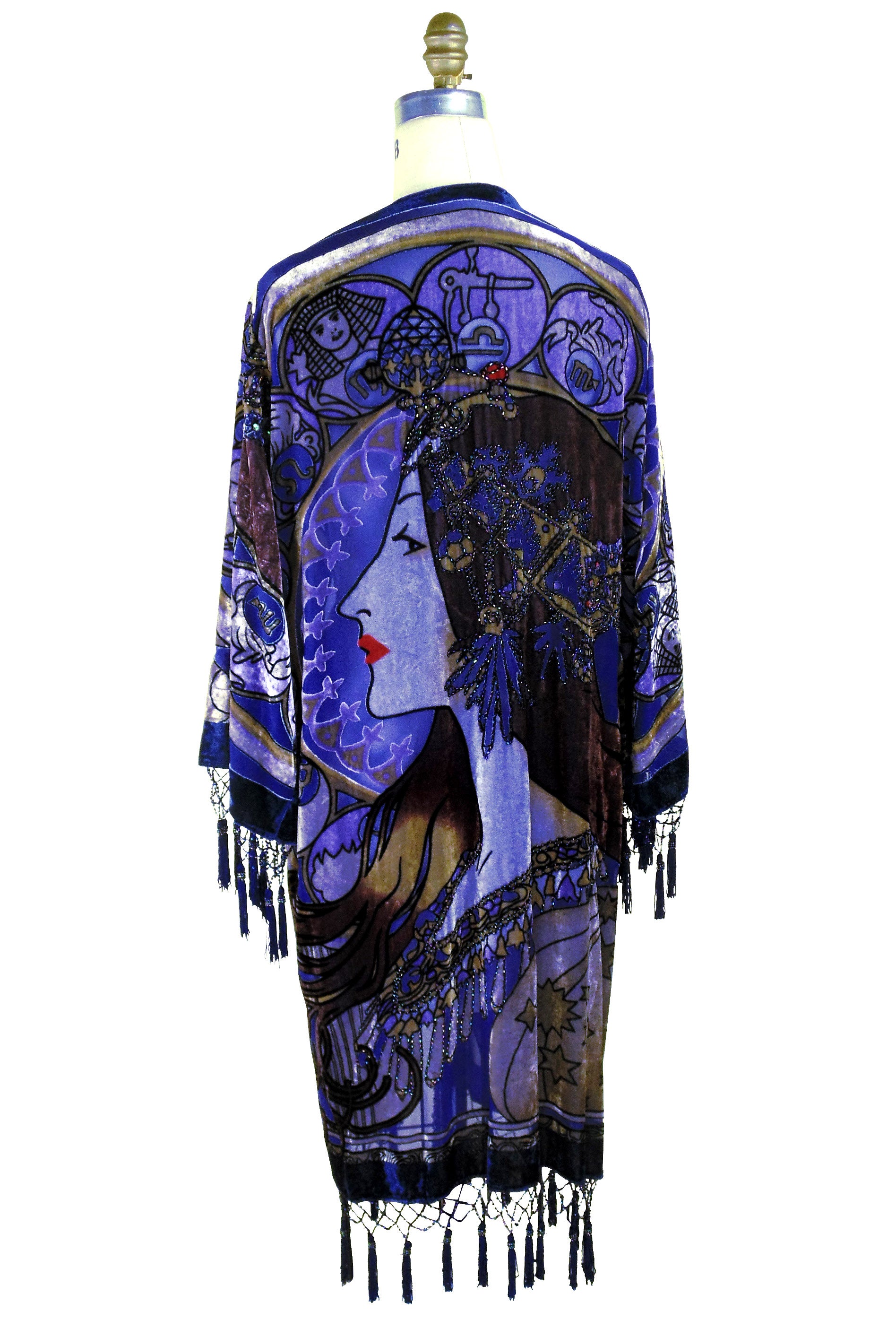 Vintage Velvet Art Nouveau Beaded Fringe Scarf Coat - Mucha Gypsy Fortuneteller - Cobalt Blue - The Deco Haus
