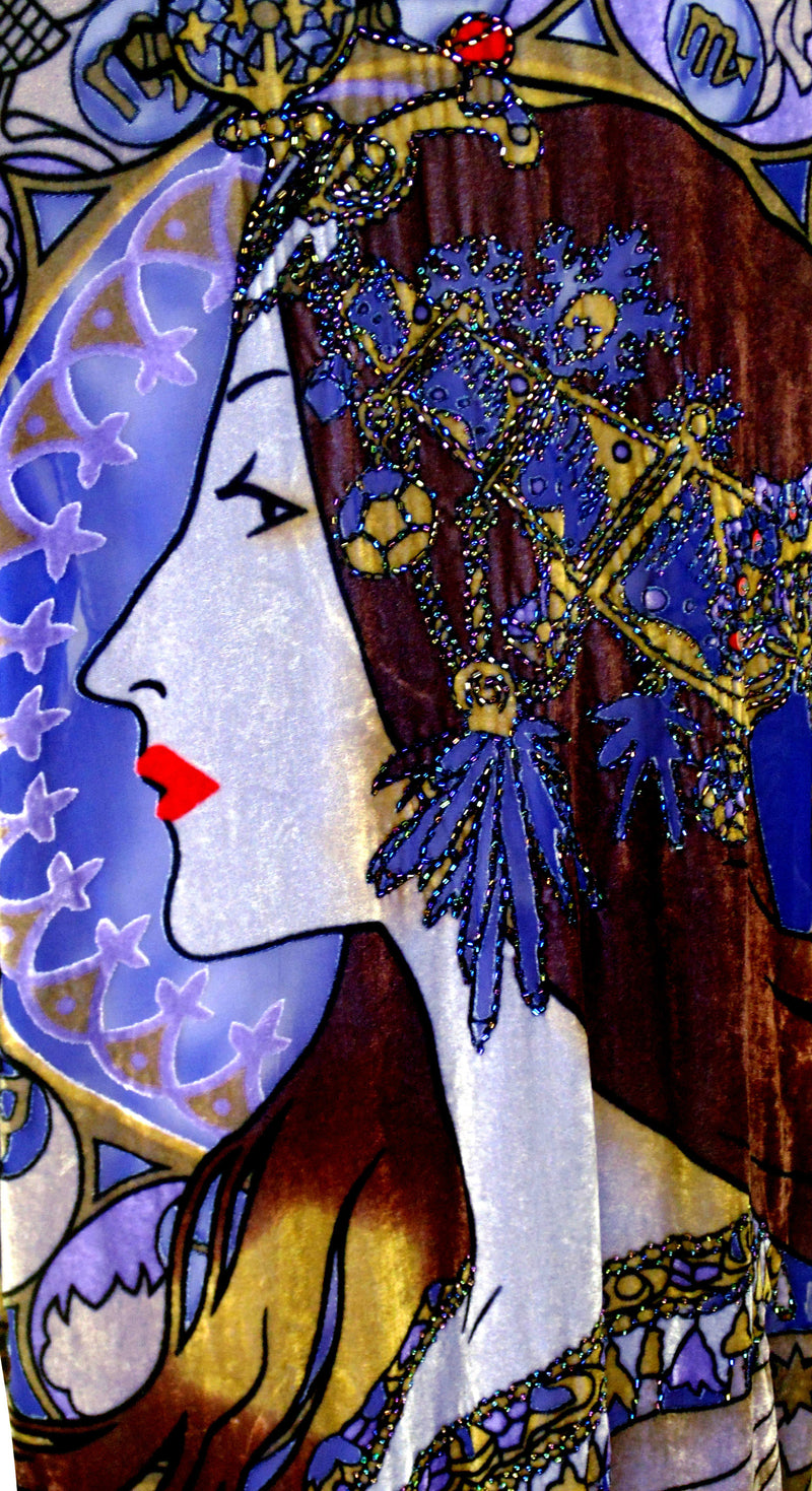 Vintage Velvet Art Nouveau Beaded Fringe Scarf Coat - Mucha Gypsy Fortuneteller - Cobalt Blue - The Deco Haus