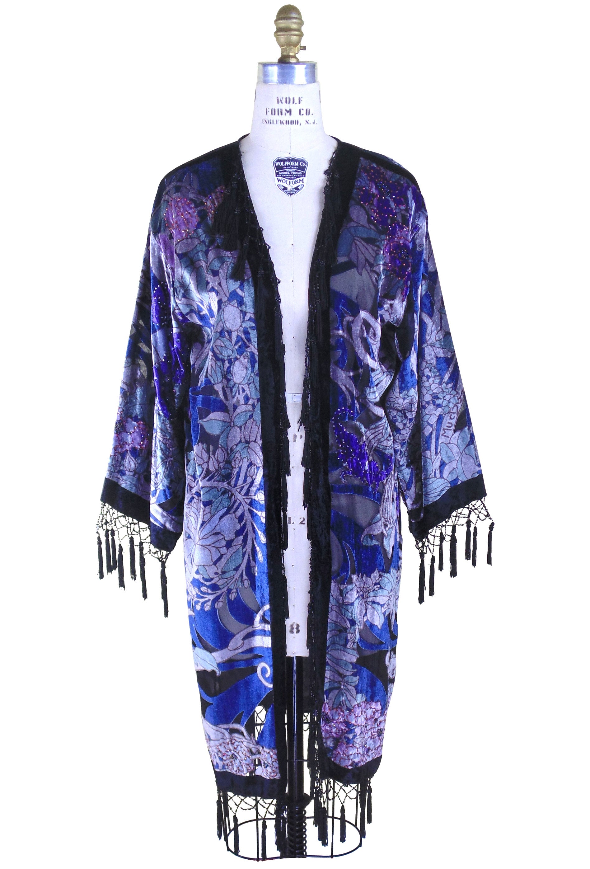 Vintage Velvet Art Nouveau Beaded Fringe Scarf Coat - Mucha Mystique - Black The Deco Haus