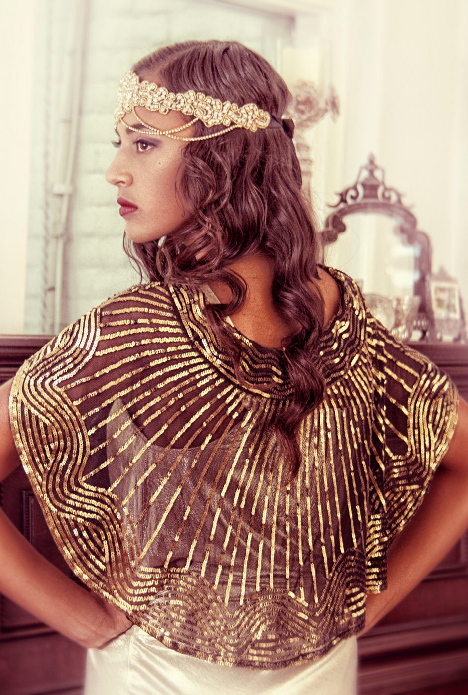 1920s Beaded Silk Bow Flapper Capelet - The Garbo - Gold on Jet The Deco Haus