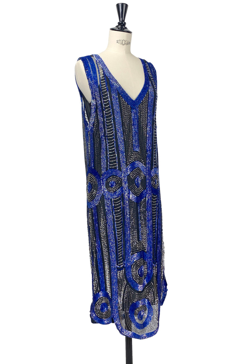 1920's Art Deco Panel Sheer Overlay Regency Deco Tabard Gown - Cobalt Blue