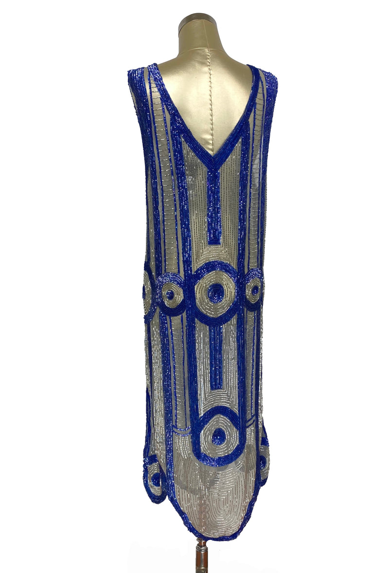 1920's Art Deco Panel Sheer Overlay Regency Deco Tabard Gown - Cobalt Blue
