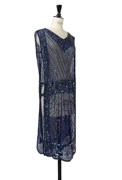 1920's Beaded Vintage Deco Tabard Panel Gown - The Modernist - Midnight Iridescent The Deco Haus