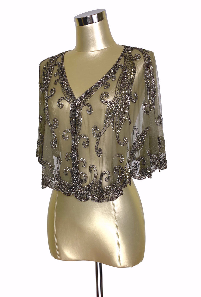 1920's Beaded Vintage Glamour Shawl Capelet - The Claudette - Pewter