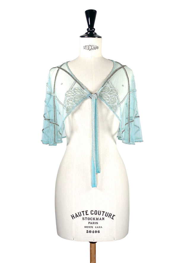 1920's Beaded Vintage Glamour Shawl Capelet - The Maisie - Blue Aqua Mist