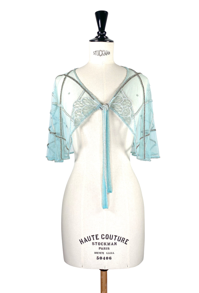 1920's Beaded Vintage Glamour Shawl Capelet - The Maisie - Blue Aqua Mist