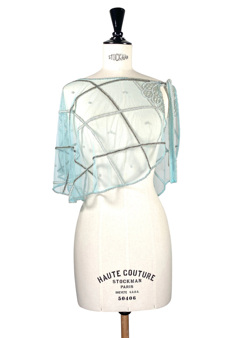 1920's Beaded Vintage Glamour Shawl Capelet - The Maisie - Blue Aqua Mist