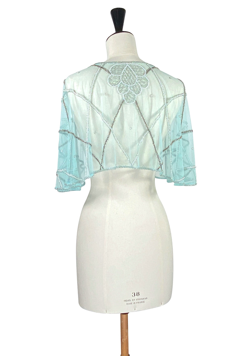 1920's Beaded Vintage Glamour Shawl Capelet - The Maisie - Blue Aqua Mist
