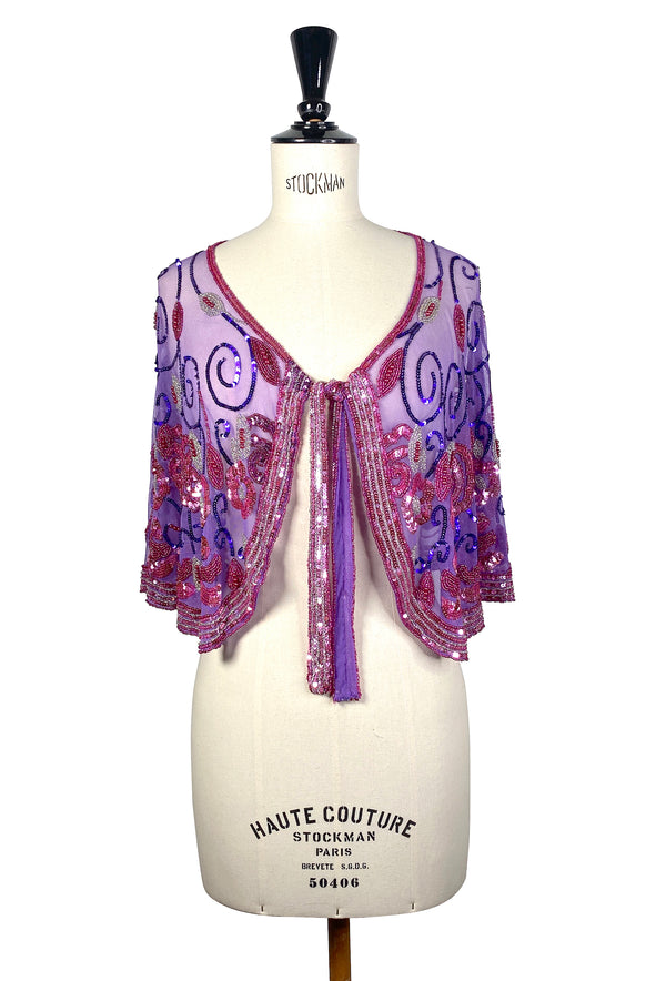 1920's Beaded Vintage Glamour Shawl Capelet - The Marcelle - Pink Purple