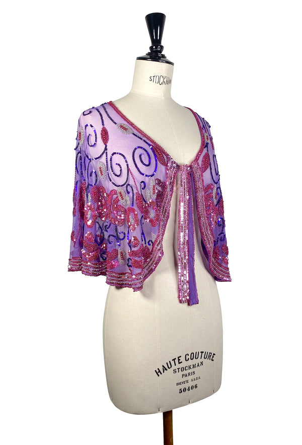 1920's Beaded Vintage Glamour Shawl Capelet - The Marcelle - Pink Purple