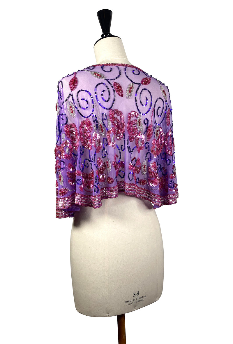 1920's Beaded Vintage Glamour Shawl Capelet - The Marcelle - Pink Purple