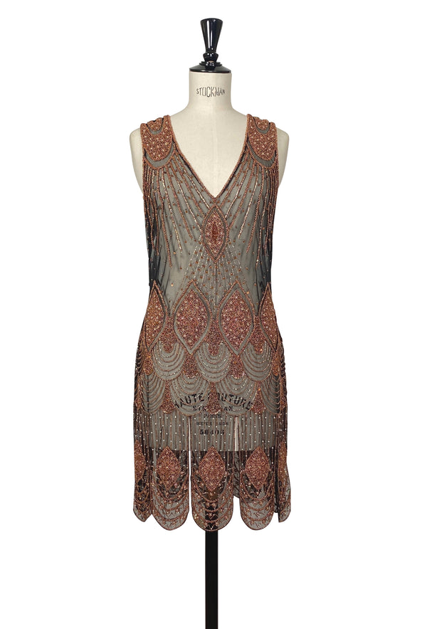 1920's Flapper Carwash Hem Beaded Party Dress - The Starlet - Copper on Black