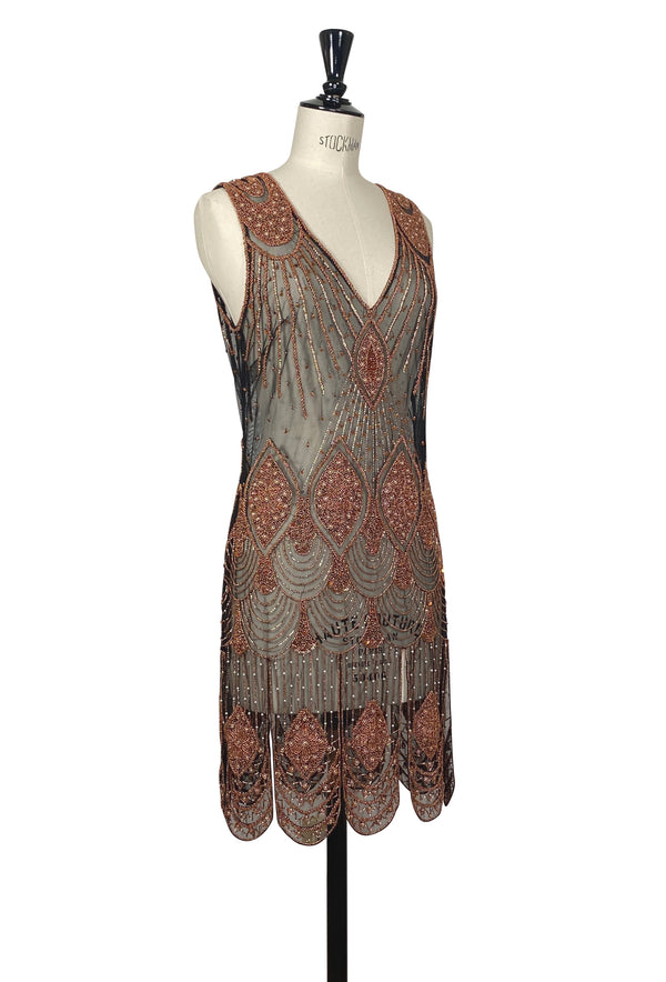 1920's Flapper Carwash Hem Beaded Party Dress - The Starlet - Copper on Black