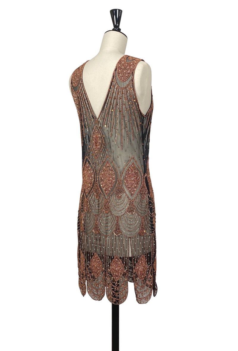 1920's Flapper Carwash Hem Beaded Party Dress - The Starlet - Copper on Black