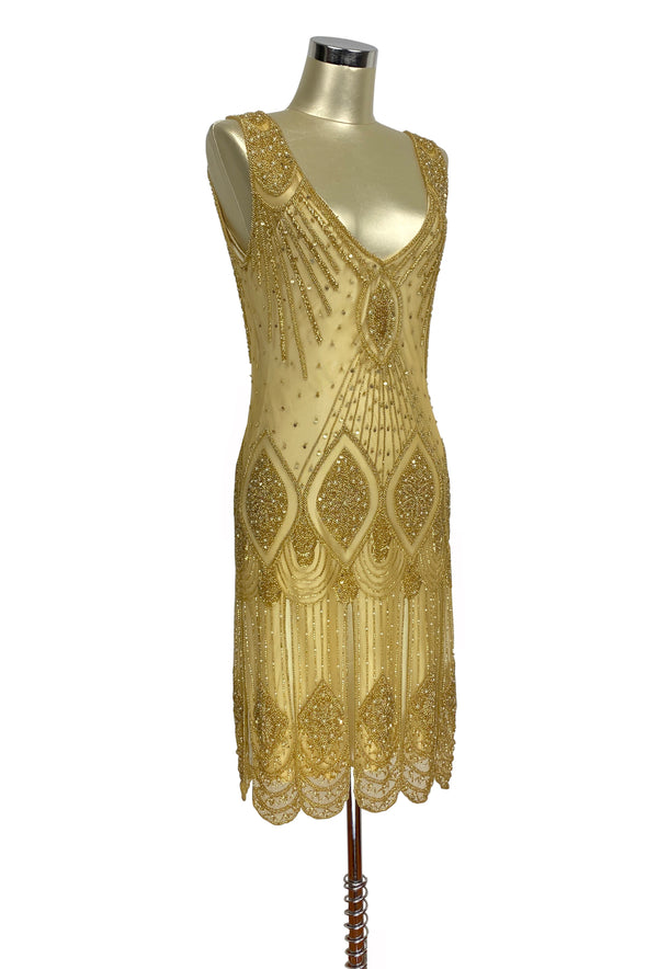 1920's Flapper Carwash Hem Beaded Party Dress - The Starlet - Butterscotch Gold