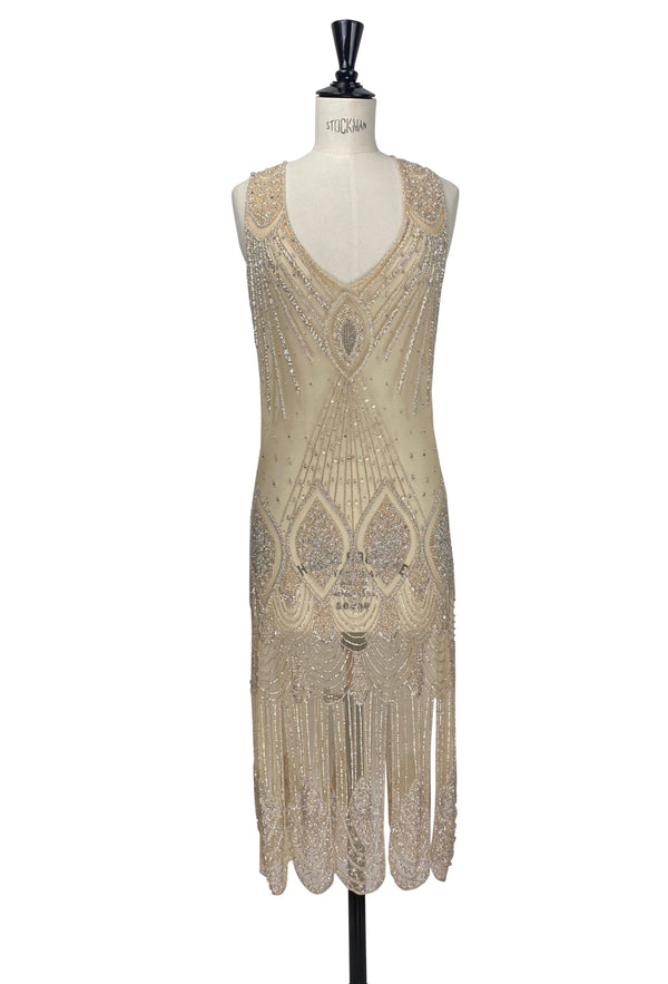 1920's Flapper Carwash Hem Beaded Party Dress - The Starlet - Midi - Silver on Champagne