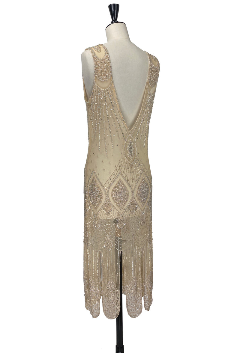 1920's Flapper Carwash Hem Beaded Party Dress - The Starlet - Midi - Silver on Champagne