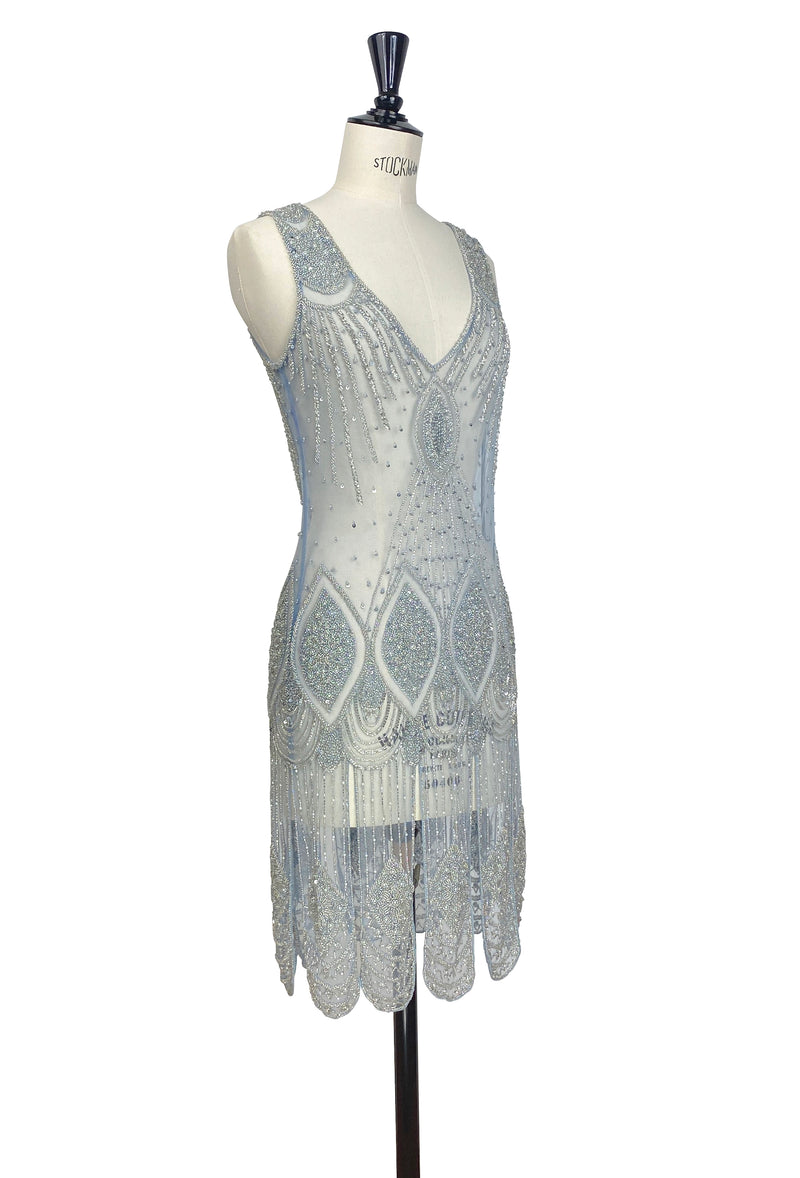 1920's Flapper Carwash Hem Beaded Party Dress - The Starlet - Silver on Smoke Blue