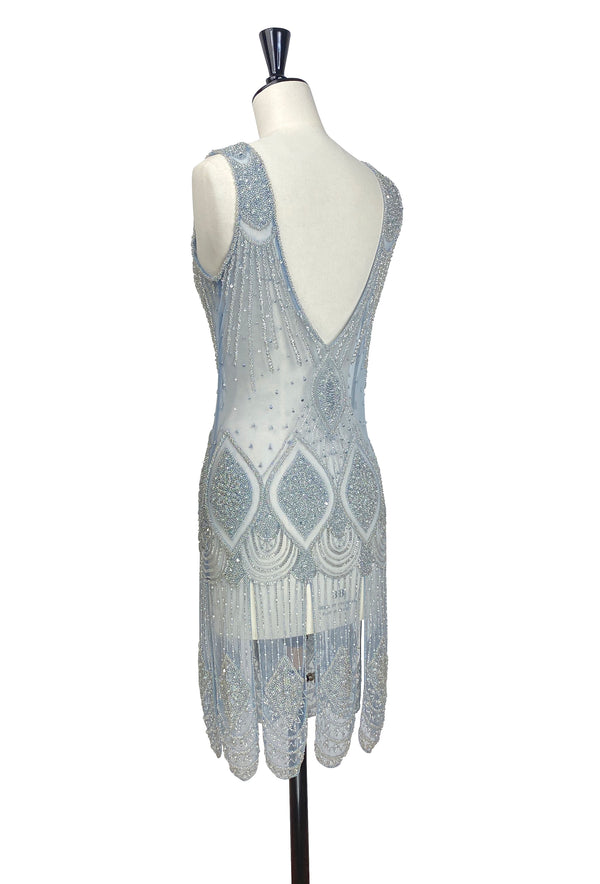 1920's Flapper Carwash Hem Beaded Party Dress - The Starlet - Silver on Smoke Blue