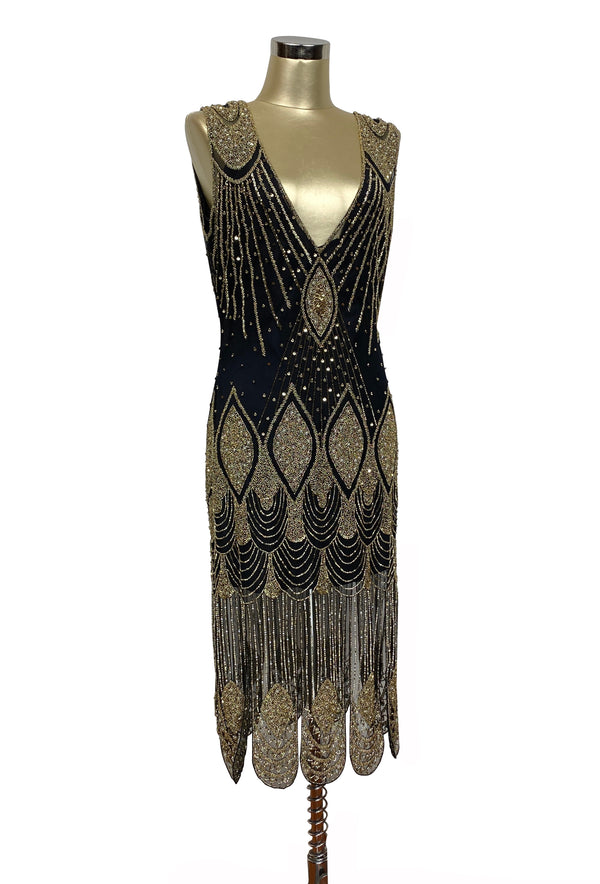 1920's Flapper Carwash Hem Beaded Party Dress - The Starlet - Ultra Low - Black Gold