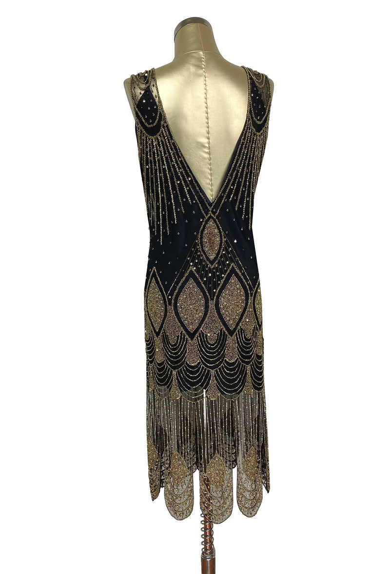 1920's Flapper Carwash Hem Beaded Party Dress - The Starlet - Ultra Low - Black Gold