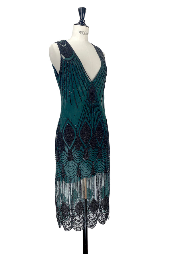 1920's Flapper Carwash Hem Beaded Party Dress - The Starlet - Ultra Low - Bottle Green