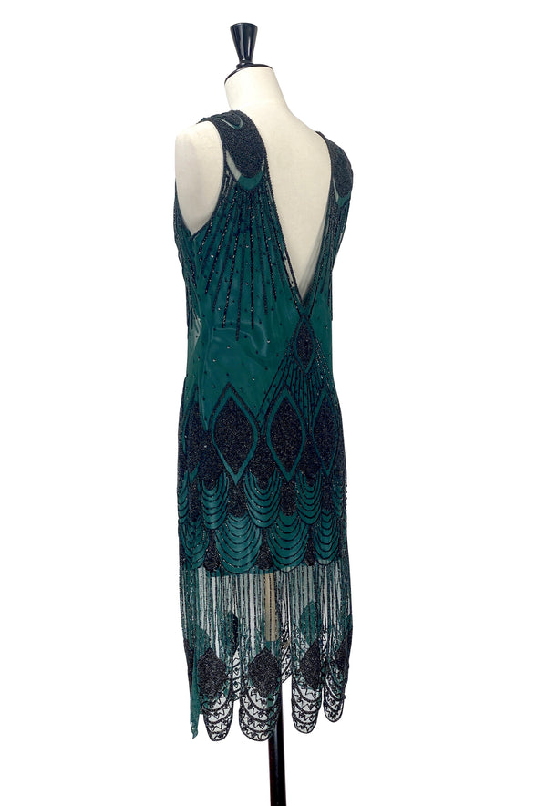 1920's Flapper Carwash Hem Beaded Party Dress - The Starlet - Ultra Low - Bottle Green