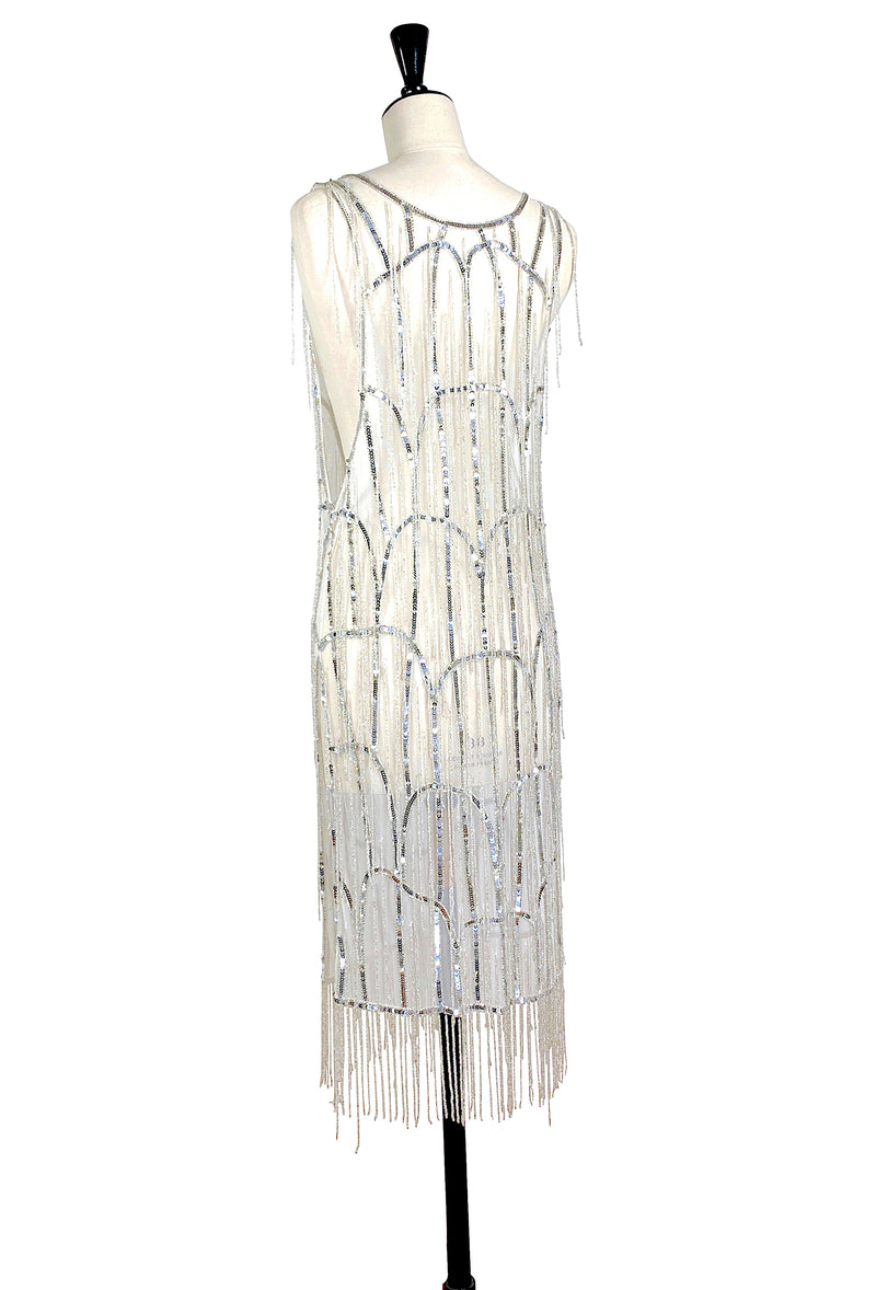 1920's Flapper Fringe Gatsby Cocktail Overlay Dress - The Flynn - Ethereal Silver