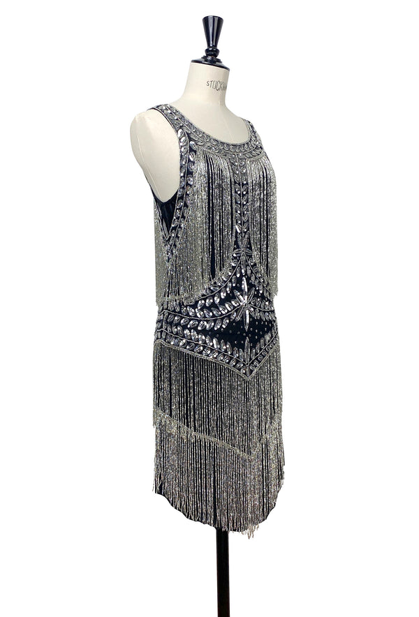 1920's Flapper Fringe Gatsby Party Dress - The Roxy - Black Silver
