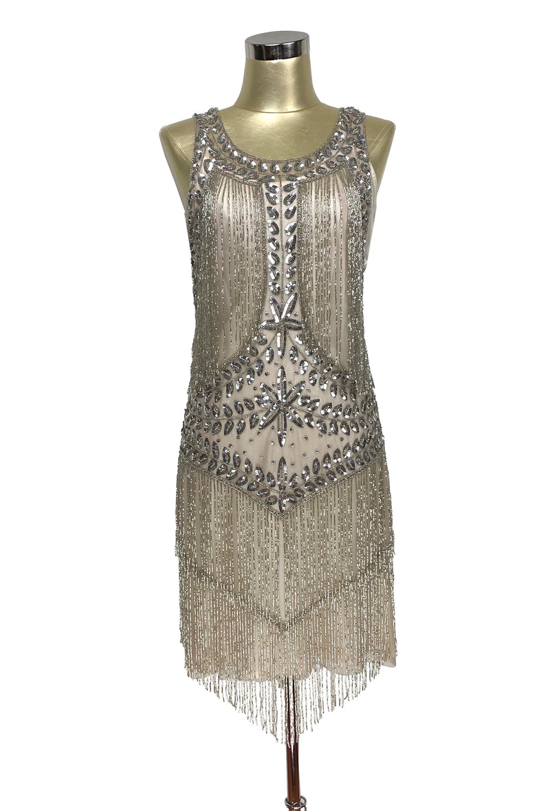 1920's Flapper Fringe Gatsby Party Dress - The Roxy - Cocoa Silver Satin