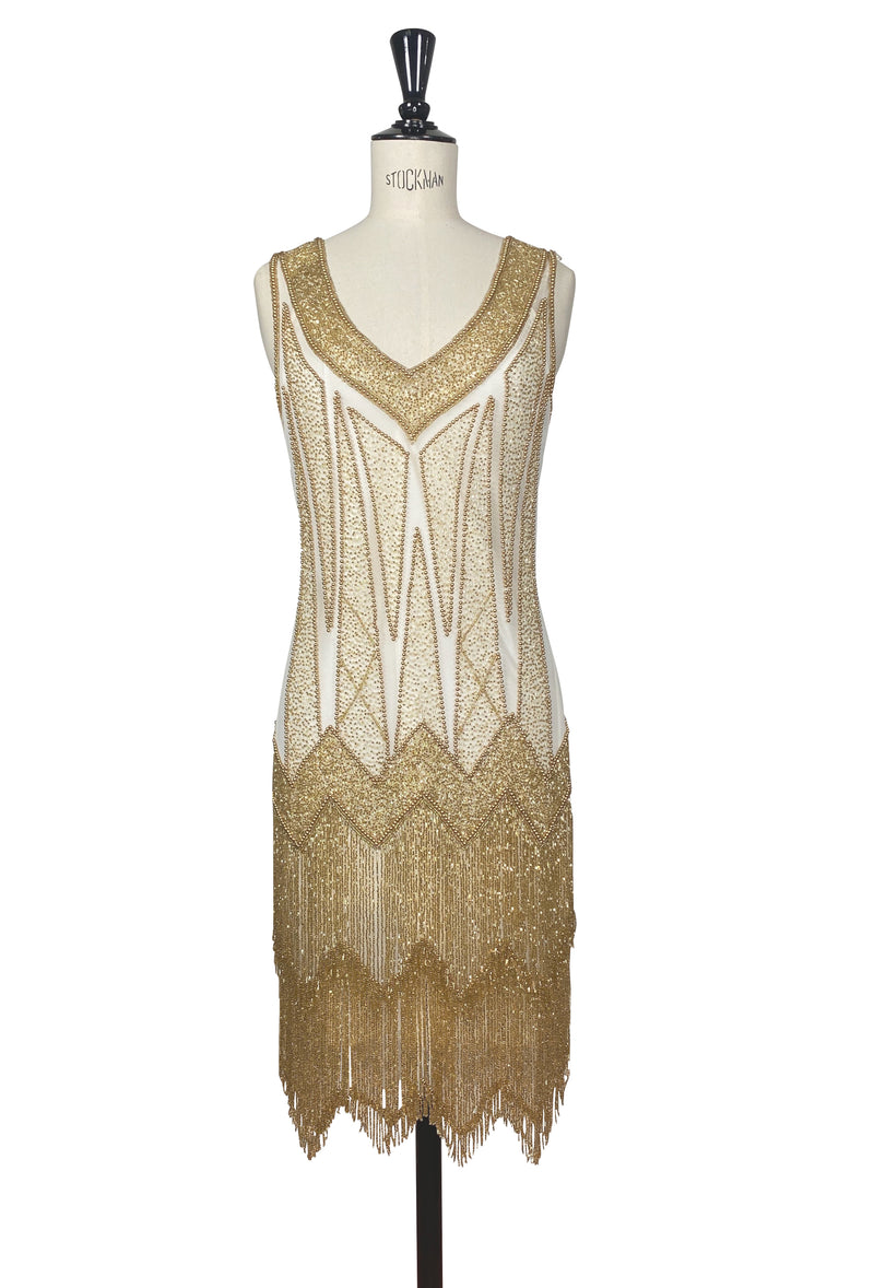 1920's Flapper Fringe Gatsby Party Dress - The Zenith - Crme Gold 1920's Flapper Fringe Gatsby Party Dress - The Zenith - Crme Gold