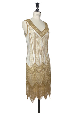 1920's Flapper Fringe Gatsby Party Dress - The Zenith - Crème Gold The Deco Haus