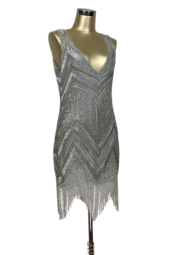1920's Gatsby Party Dress - The Deco Chevron - Hollywood Silver